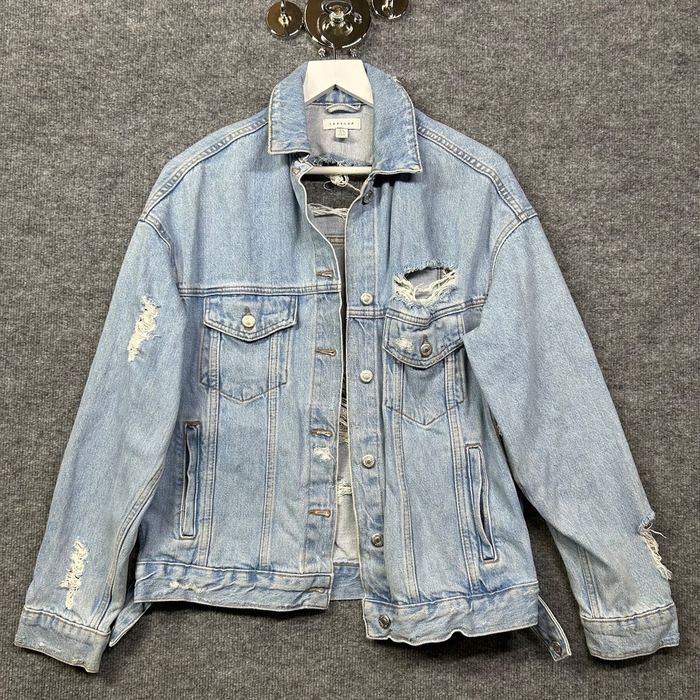 TopShop Ripped Oversize Jacket Women's Blue Denim Pockets Grunge Streetwear - 2